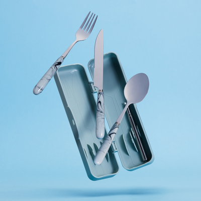 Grey Marble Travel Cutlery & Straw Set