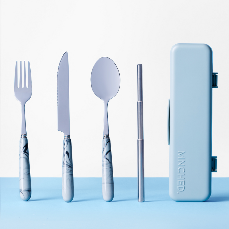 Grey Marble Travel Cutlery & Straw Set