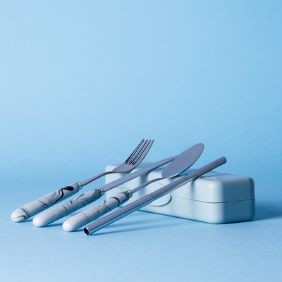 Grey Marble Travel Cutlery & Straw Set