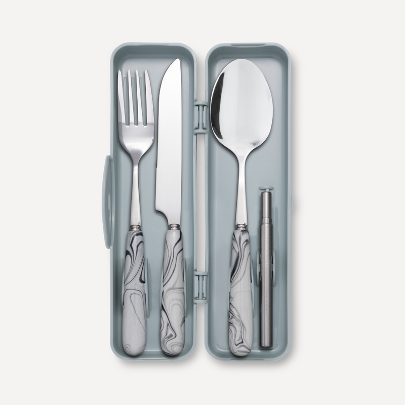 Grey Marble Travel Cutlery & Straw Set