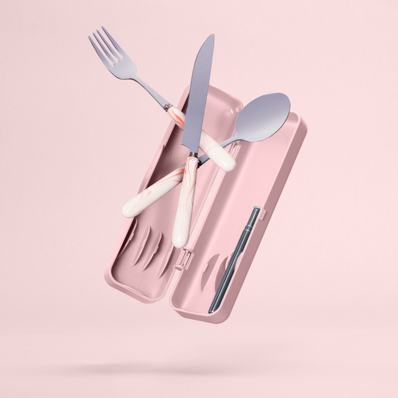 Pink Marble Travel Cutlery & Straw Set