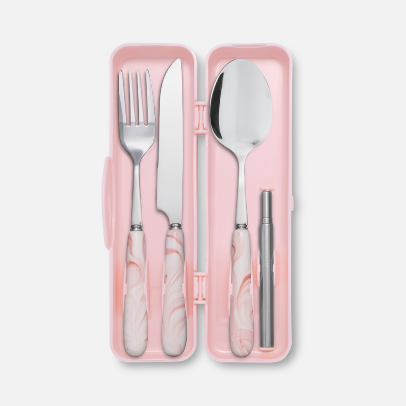 Pink Marble Travel Cutlery & Straw Set