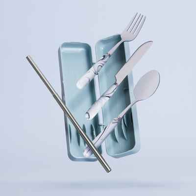 White Marble Travel Cutlery & Straw Set