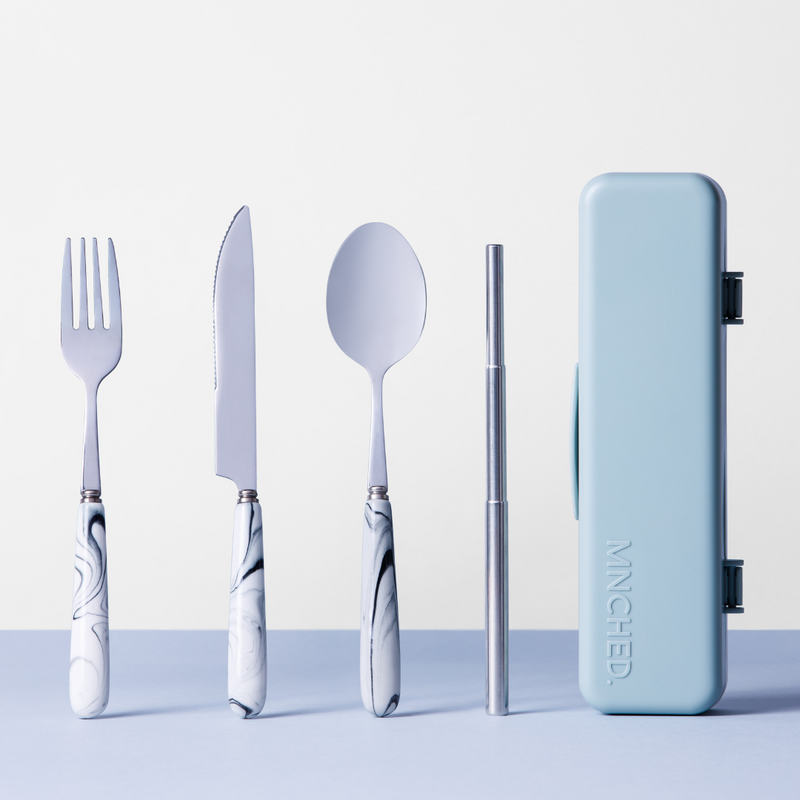 White Marble Travel Cutlery & Straw Set