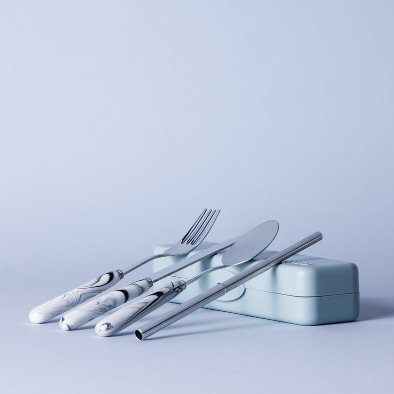 White Marble Travel Cutlery & Straw Set